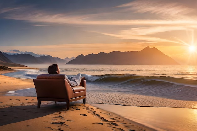 Um homem se senta em uma cadeira na praia ao pôr do sol.