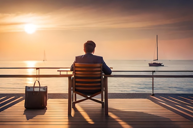 Um homem se senta em uma mesa com vista para o mar e olha para o mar.