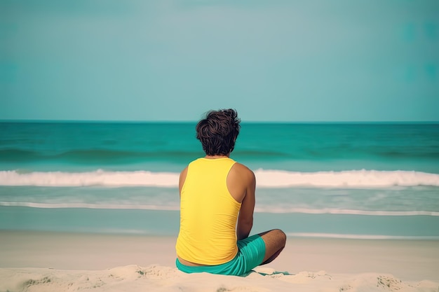 Um homem se senta em uma praia e olha para o mar