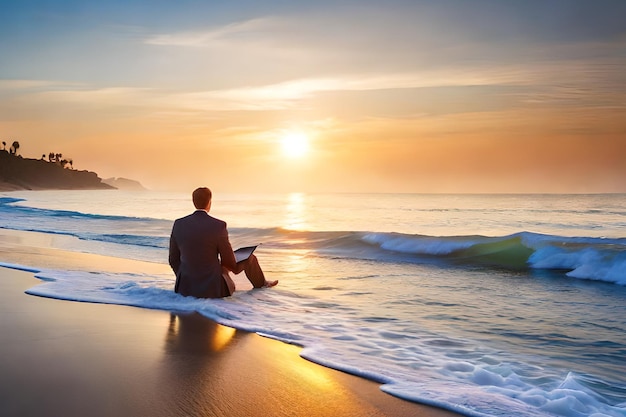 Um homem se senta na praia e olha para o oceano.