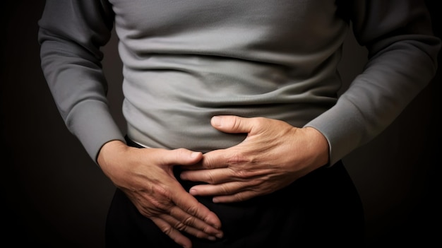 um homem segura as mãos na parte inferior do abdômen dor abdominal sem rosto