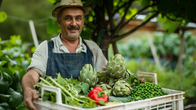 Um homem segura orgulhosamente uma cesta cheia de legumes frescos e coloridos