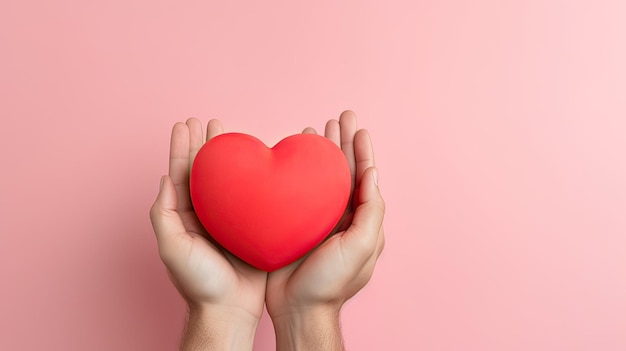 um homem segura um coração vermelho em suas mãos e o estende o conceito de sentimentos de amor