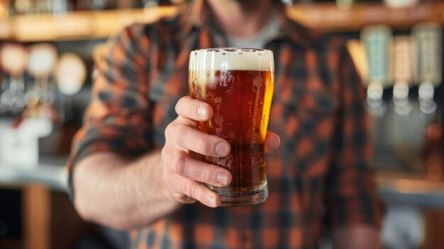 Um homem segura um litro de uma IPA sem álcool com um rótulo que orgulhosamente se orgulha de que as cervejas são baixas em calorias e