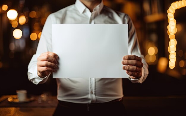 um homem segura um papel em branco que diz a palavra nele