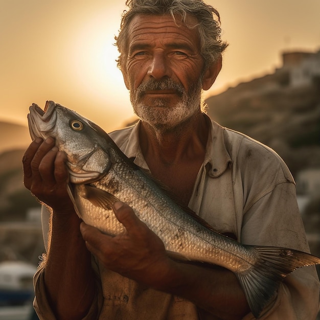 Um homem segura um peixe que diz " marlin " nele.