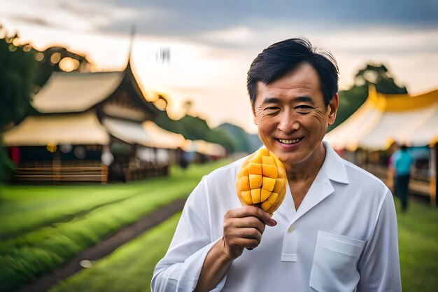 Foto um homem segura um pirulito na frente de um pavilhão chinês.