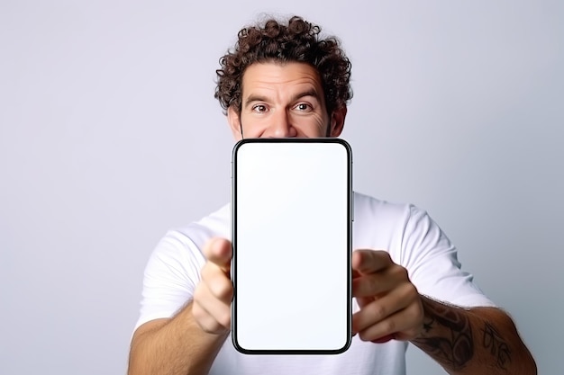 Um homem segura um smartphone com uma tela branca em suas mãos O conceito de aplicativos móveis generative ai