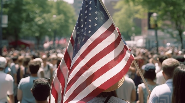 Um homem segura uma bandeira americana levantada acima de sua cabeça no meio de uma multidão de pessoas Dia da Independência Vista traseira