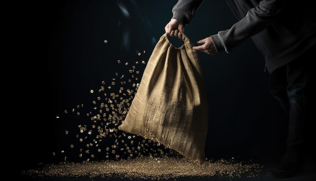 Um homem segura uma bolsa com moedas de ouro.