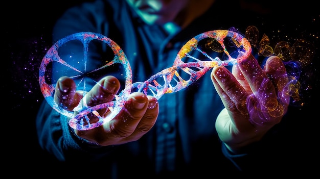 Um homem segura uma dupla hélice de DNA com a palavra DNA no canto inferior esquerdo.