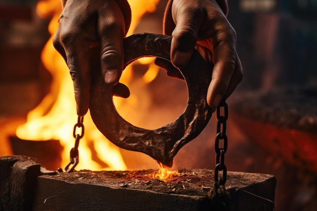 Foto um homem segura uma ferradura em frente a um fogo crepitante esta imagem pode ser usada para retratar sorte superstição ou ferreiro