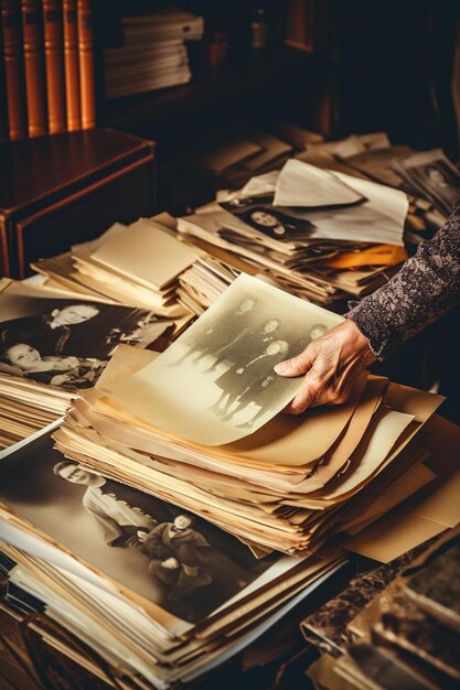 Foto um homem segura uma pilha de fotos antigas e as palavras 