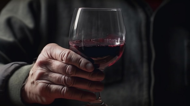 Um homem segura uma taça de vinho tinto.