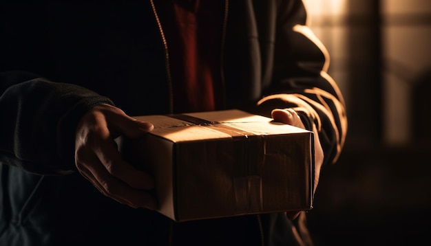 Foto um homem segurando a abertura da caixa de presente alegremente gerada pela ia