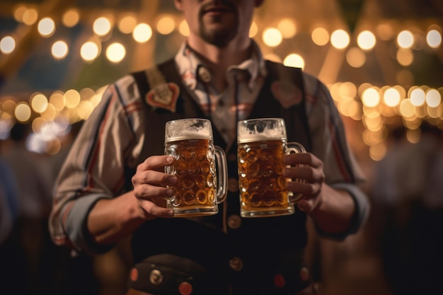 Um homem segurando duas canecas de cerveja