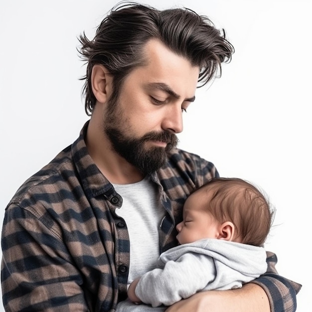 Um homem segurando um bebê nos braços, o homem está segurando um bebê.