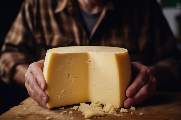 Um homem segurando um bloco de queijo no topo de uma mesa de madeira