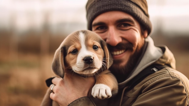 Um homem segurando um cachorrinho que está sorrindo