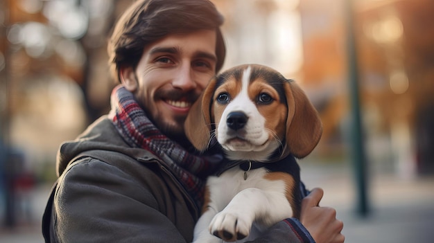 Um homem segurando um cachorro em um parque