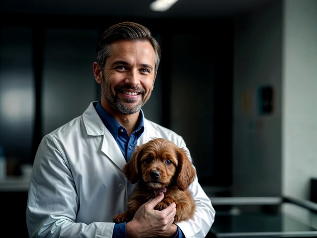 Um homem segurando um cão com uma bata de laboratório