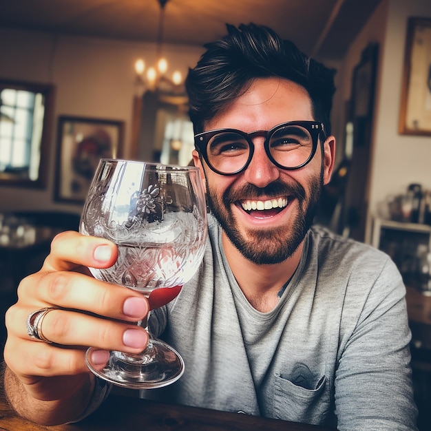 um homem segurando um copo com uma bebida dentro.