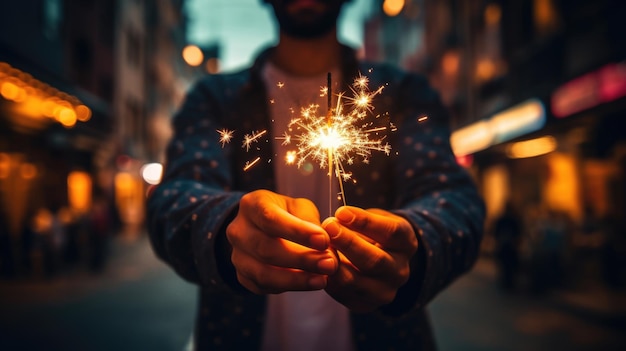 Foto um homem segurando um faísca acesa sorrindo com o bokeh quente das luzes da cidade no fundo criando uma atmosfera festiva e alegre à noite