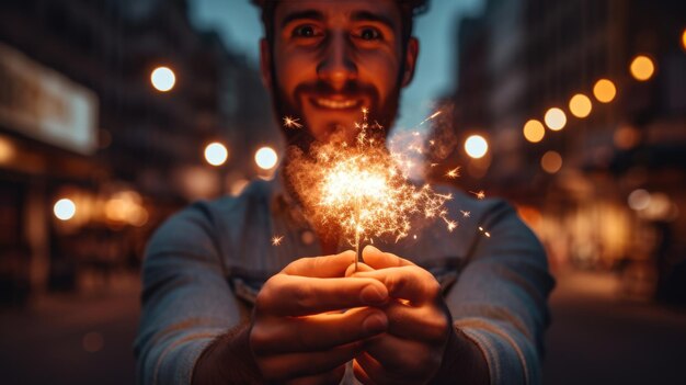 Um homem segurando um faísca acesa sorrindo com o bokeh quente das luzes da cidade no fundo criando uma atmosfera festiva e alegre à noite