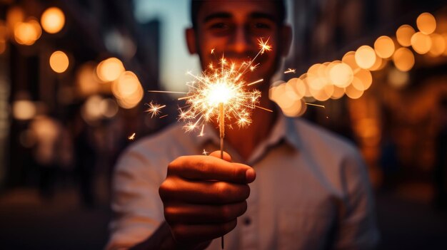 Um homem segurando um faísca acesa sorrindo com o bokeh quente das luzes da cidade no fundo criando uma atmosfera festiva e alegre à noite