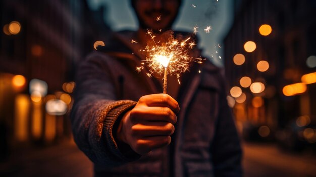 Um homem segurando um faísca acesa sorrindo com o bokeh quente das luzes da cidade no fundo criando uma atmosfera festiva e alegre à noite