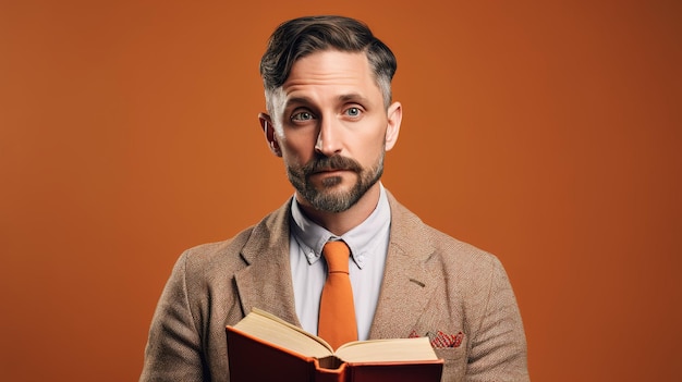 Um homem segurando um livro na frente de um fundo laranja.