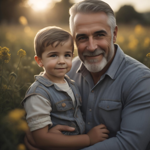 Foto um homem segurando um menino em um campo de flores