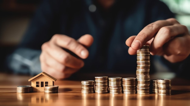 Um homem segurando um modelo de casa na frente de pilhas de moedas