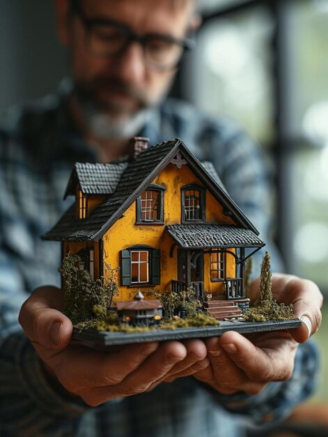 Foto um homem segurando um modelo em miniatura de uma casa.