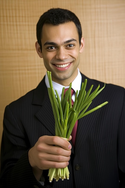 um homem segurando um monte de cebolas verdes