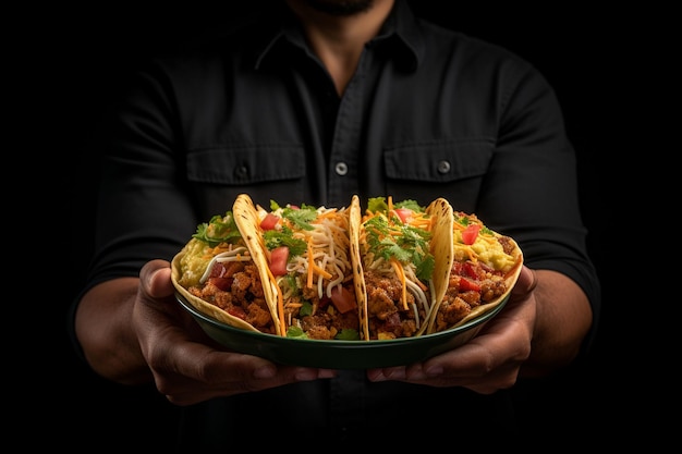 Foto um homem segurando um prato com três tacos