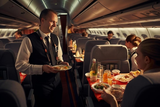 Foto um homem segurando um prato de comida em um avião com outras pessoas comendo.