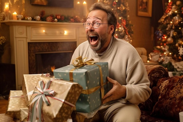 Um homem segurando um presente com um sorriso no rosto.