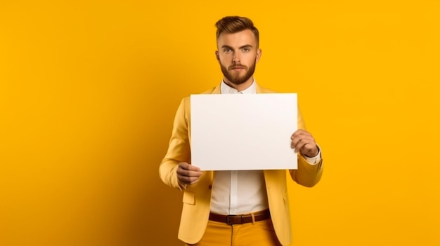 Um homem segurando um quadro branco em branco na frente de um fundo amarelo