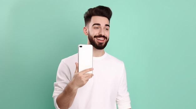 Um homem segurando um telefone branco com fundo azul.