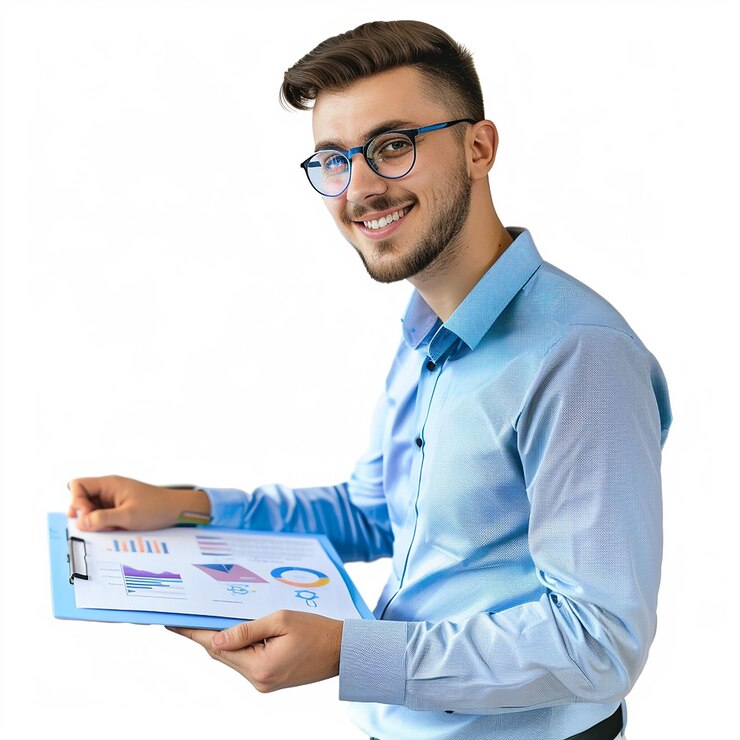 Foto um homem segurando um telefone inteligente e um fundo branco