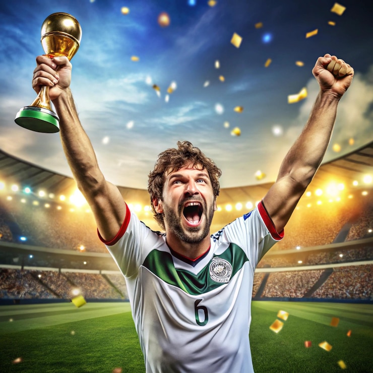 Foto um homem segurando um troféu com o número 5 nele