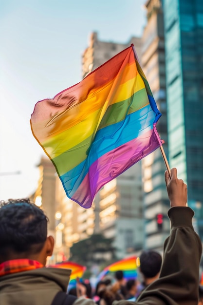 Um homem segurando uma bandeira arco-íris em uma multidão