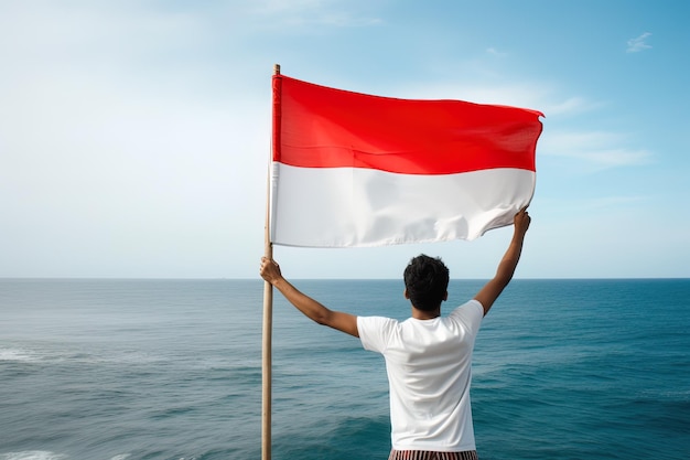 Um homem segurando uma bandeira vermelha e branca da Indonésia olhando para o oceano