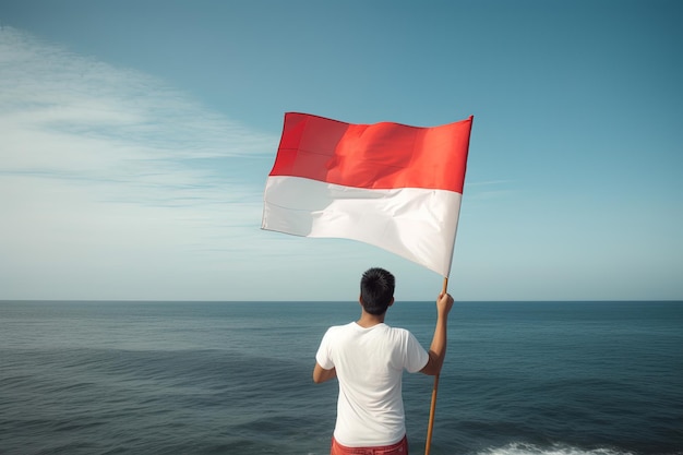 Um homem segurando uma bandeira vermelha e branca da Indonésia olhando para o oceano