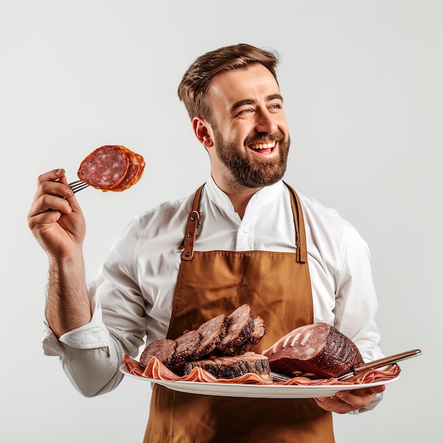 Foto um homem segurando uma bandeja de carne e um prato de carne