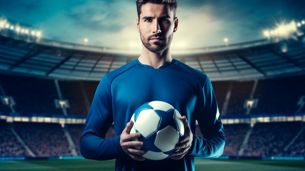 um homem segurando uma bola de futebol em um estádio