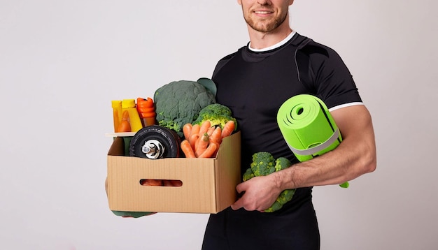 Um homem segurando uma caixa de legumes e um relógio de peso