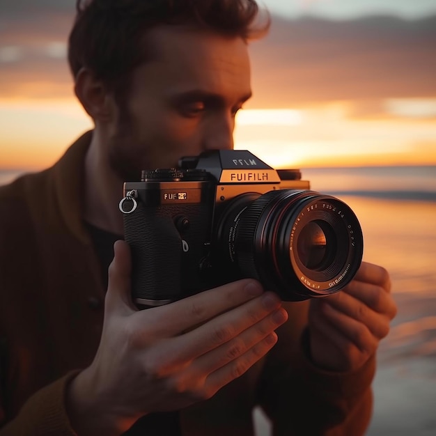 Um homem segurando uma câmera com a palavra fujifilm na frente.