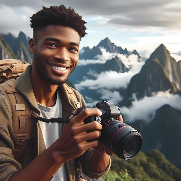 um homem segurando uma câmera e sorrindo na frente das montanhas um homem tira uma foto de beleza